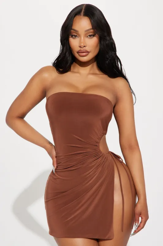 Mariana Ruched Mini Dress - Chocolate sold by Fashion Nova