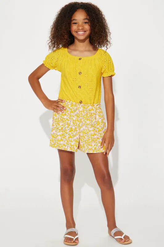 Mini Springing About Eyelet Romper - Mustard/combo made by Fashion Nova