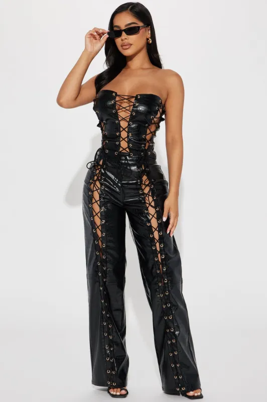 Vicious Lace Up Faux Leather Pant Set - Black sold by Fashion Nova