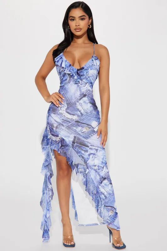 Lorelei Jean Mesh Maxi Dress - Denim sold by Fashion Nova