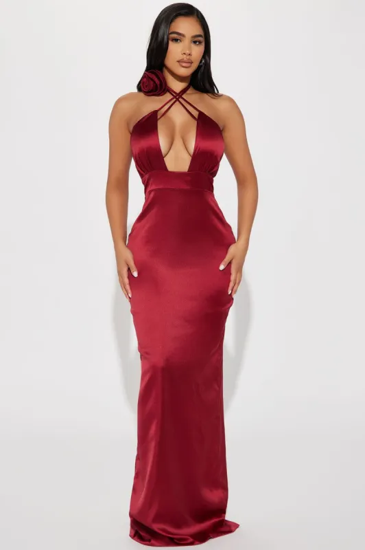 Demi Satin Maxi Dress - Burgundy sold by Fashion Nova