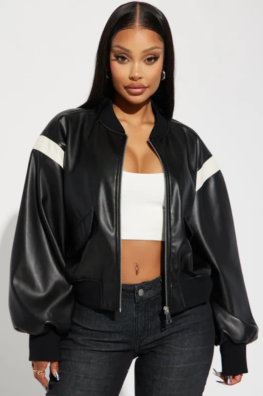 So Starstruck Faux Leather Bomber Jacket - Black made by Fashion Nova