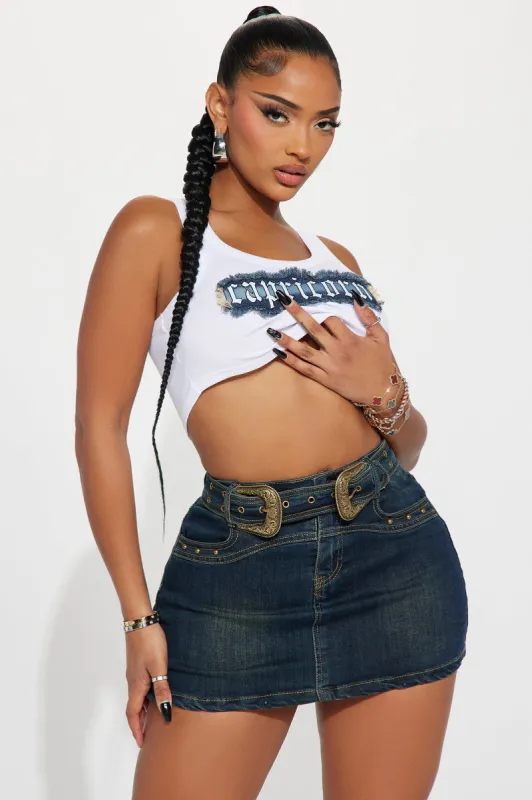 Capricorn Energy Denim Patch Tank Top - White sold by Fashion Nova