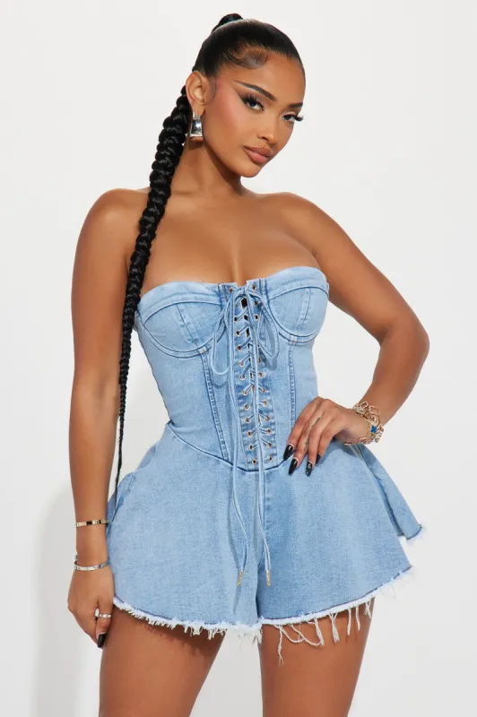 Kora Denim Romper - Light Wash sold by Fashion Nova
