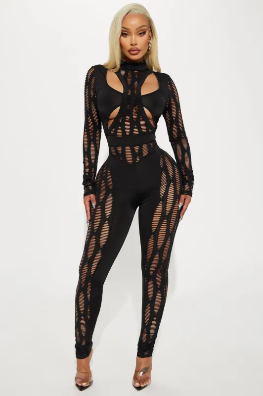 Girl Talk Distressed Jumpsuit - Black sold by Fashion Nova