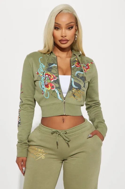 Ed Hardy Butterfly Zip Front Hoodie - Sage sold by Fashion Nova