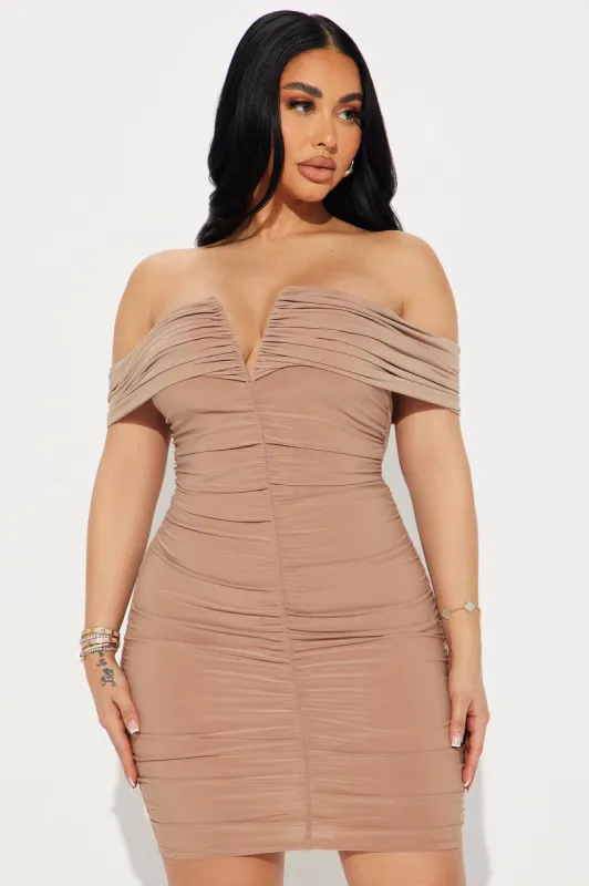 Tatiana Ruched Mini Dress - Tan sold by Fashion Nova