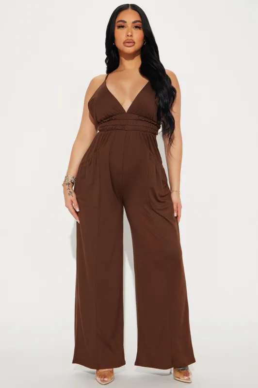 Lounge With Us Jumpsuit  - Brown sold by Fashion Nova