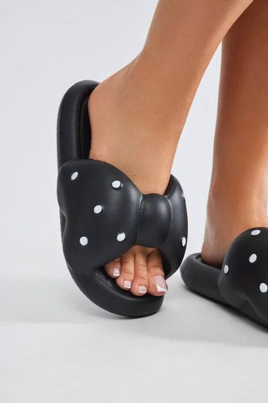 Sierra Polka Dot Bow Slides - Black sold by Fashion Nova