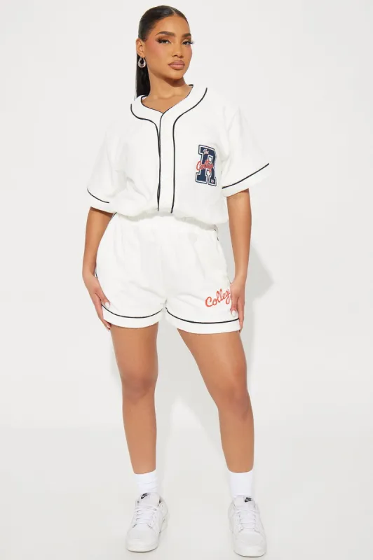 Keeping Score Romper - White sold by Fashion Nova