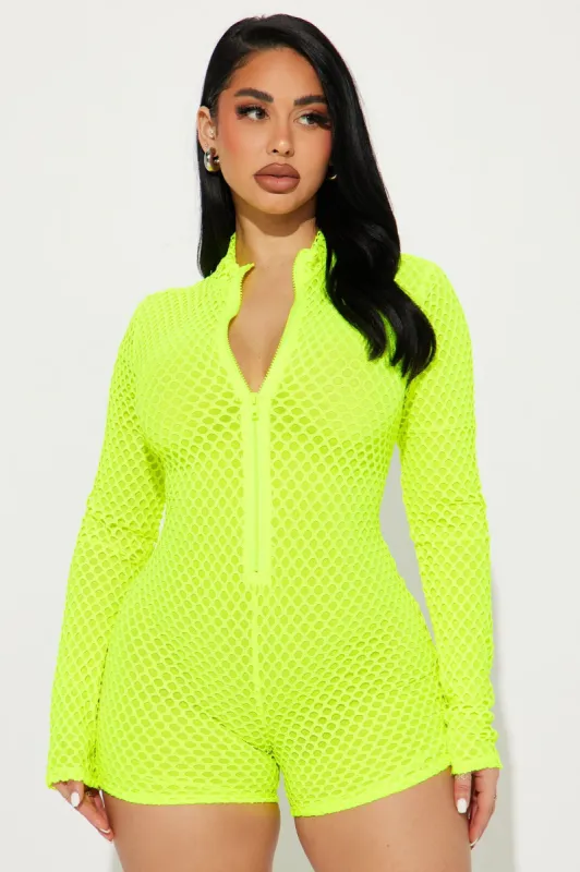 Moving Forward Fishnet Romper - Neon Yellow sold by Fashion Nova