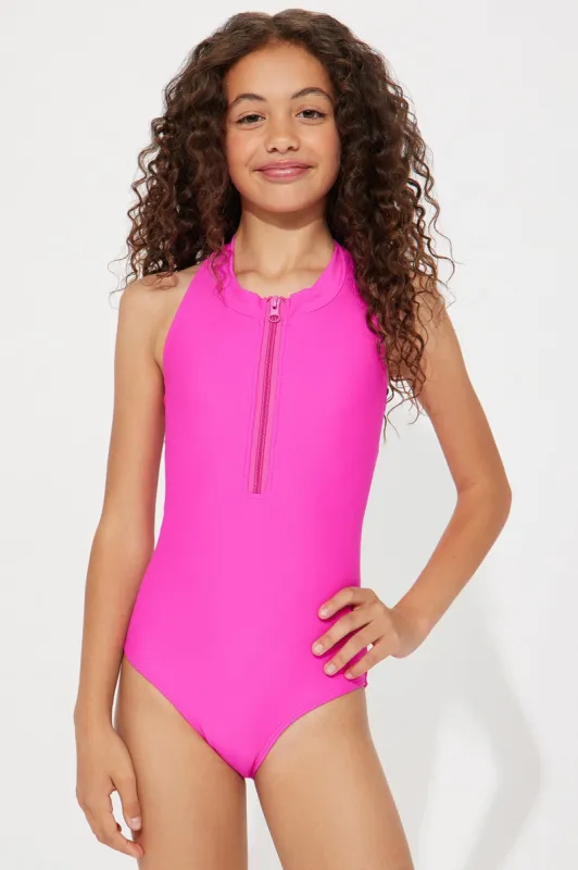 Mini Evelyn Zip Up 1 Piece Swimsuit - Fuchsia sold by Fashion Nova