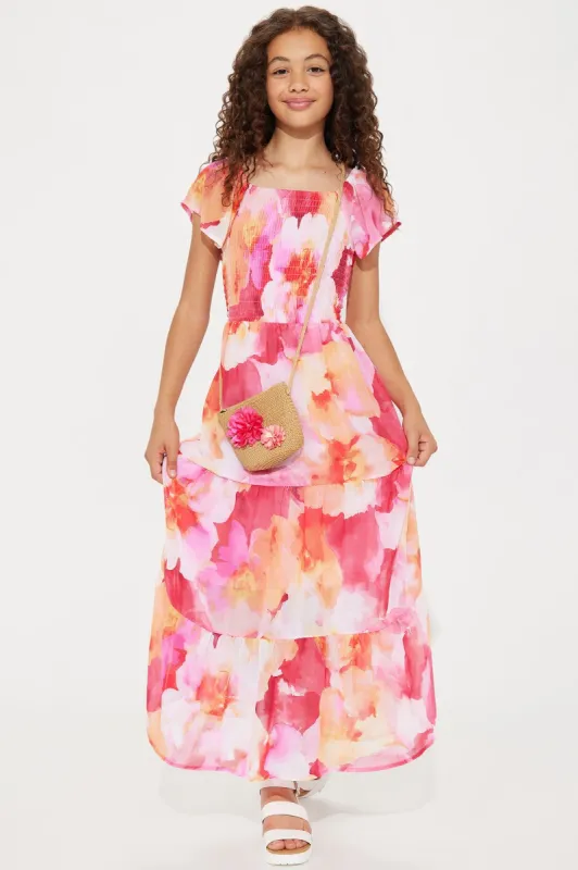 Mini A Splash Of Color Floral Dress W/ Purse - Fuchsia sold by Fashion Nova