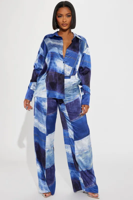 In A Denim Mood Satin Pant Set - Blue/combo sold by Fashion Nova