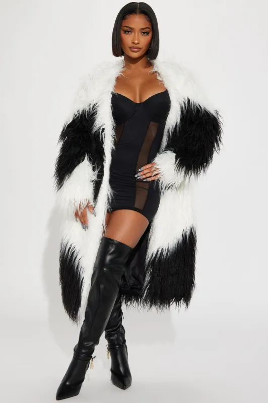 Divine Faux Fur Coat - Black/White sold by Fashion Nova