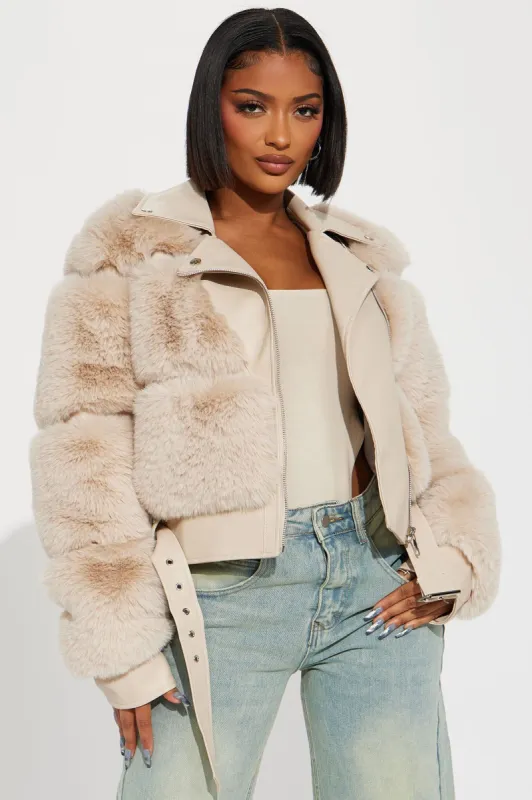 Ayla Faux Fur Moto Jacket - Cream sold by Fashion Nova