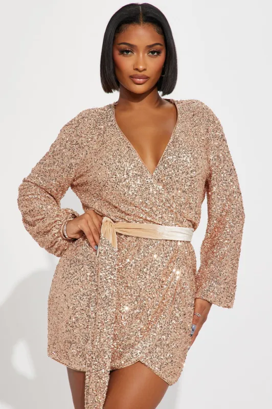 Wrap It Up Sequin Mini Dress - Gold sold by Fashion Nova