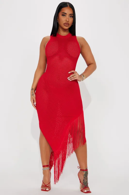 Faye Fringe Midi Dress - Red sold by Fashion Nova