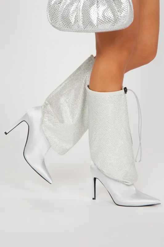 We Don't Stop Knee High Heeled Boots - Silver sold by Fashion Nova