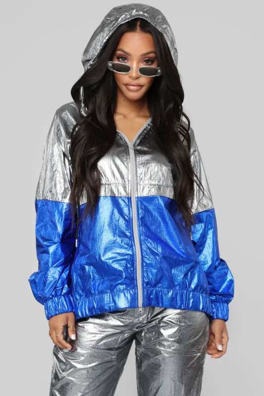 Evalyn Metallic Windbreaker - Grey/Blue sold by Fashion Nova