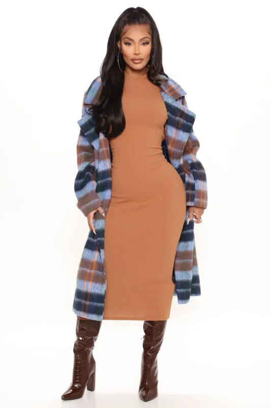 Plaid Reputation Coat - Blue/combo sold by Fashion Nova