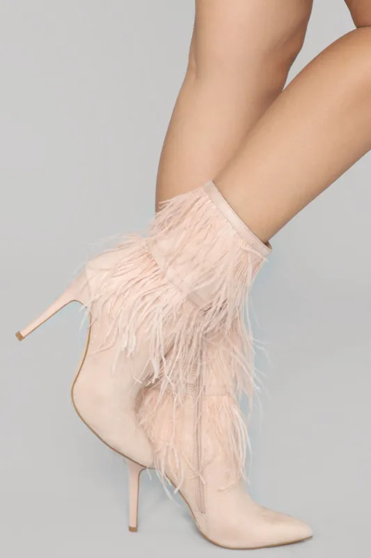 Not Enough Feathers Bootie - Blush sold by Fashion Nova