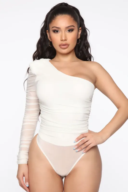 Two Sides To Every Story Bodysuit - White sold by Fashion Nova