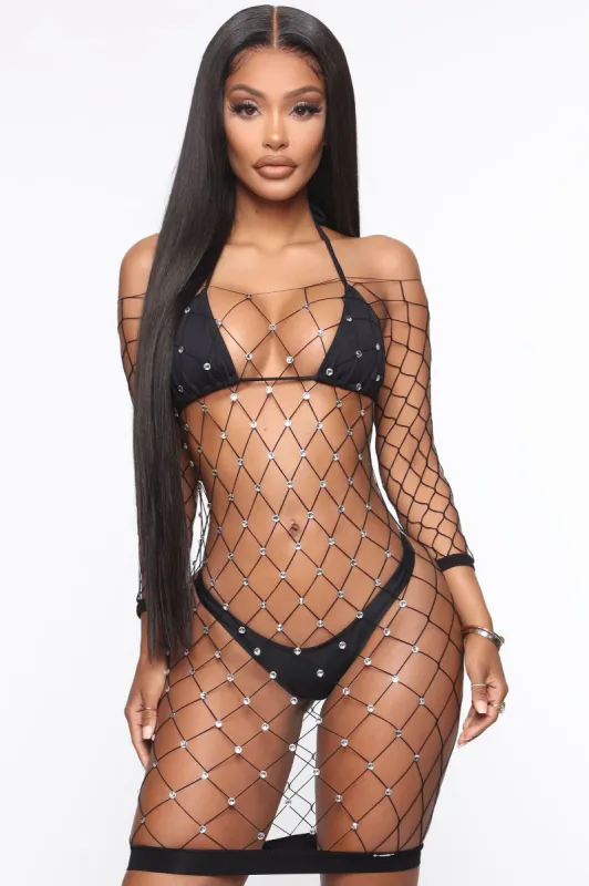 Midnight Stars Rhinestone Fishnet Bodystocking - Black made by Fashion Nova