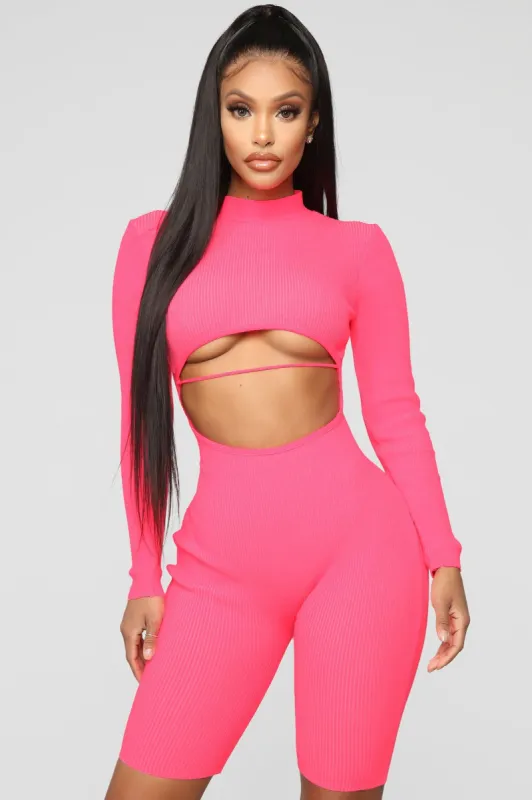 Listen Up Biker Short Romper - Neon Pink sold by Fashion Nova