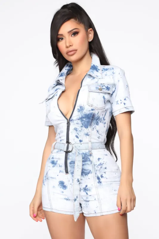 Spread The Sass Tie Dye Denim Romper - Light Wash sold by Fashion Nova