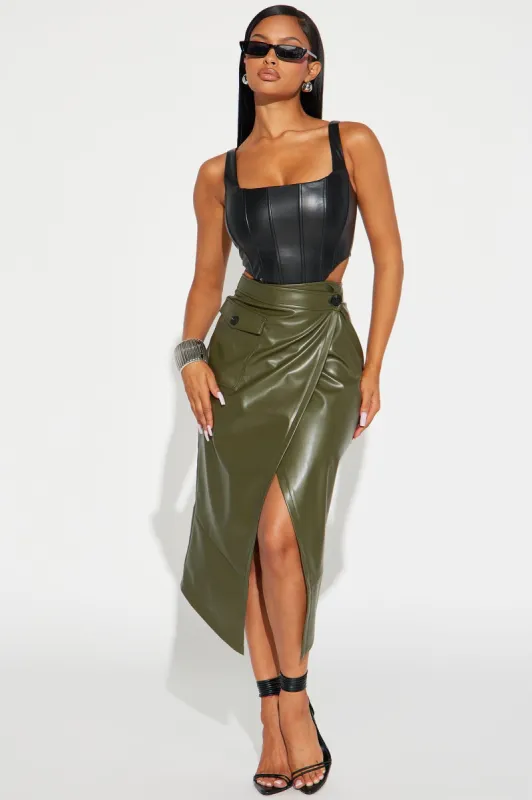 Maeva Faux Leather Midi Skirt - Olive sold by Fashion Nova