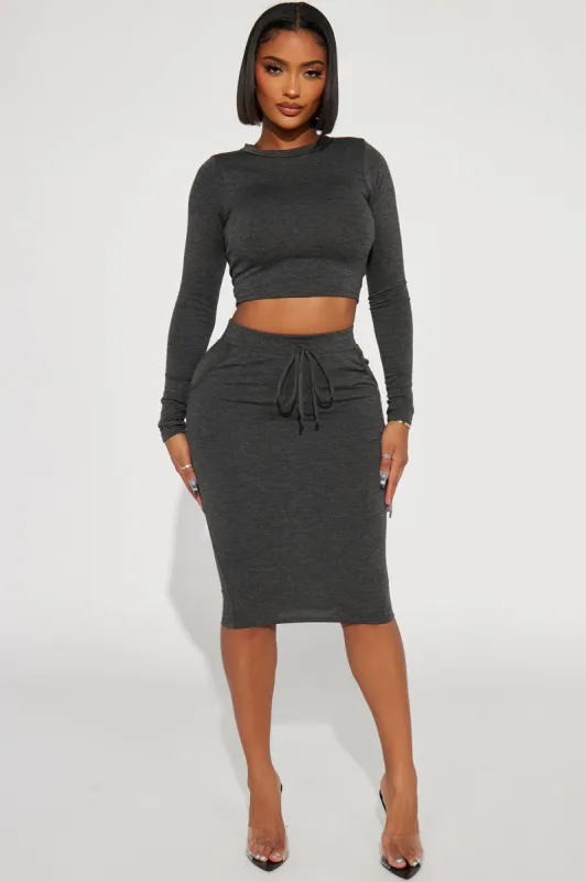 Casual Lover Long Sleeve Skirt Set - Charcoal sold by Fashion Nova