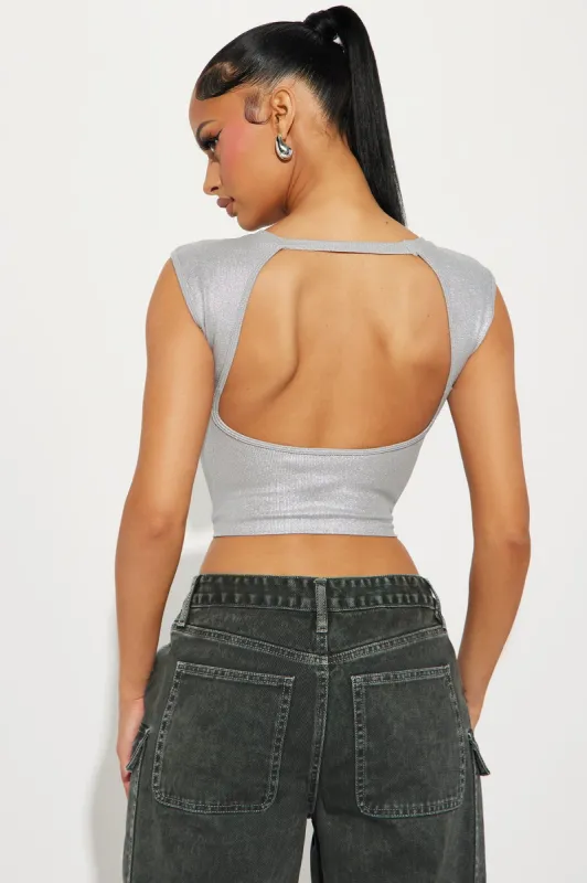 Sparks Fly Metallic Backless Top - Silver sold by Fashion Nova
