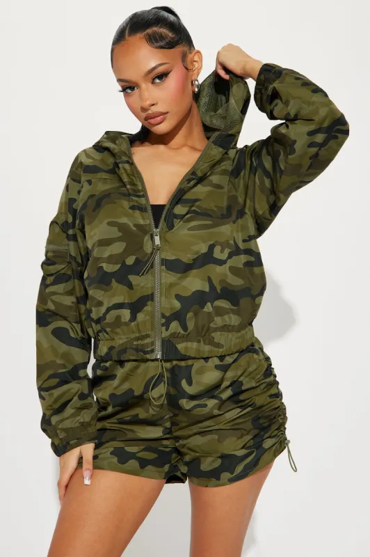 Playing Games Camo Windbreaker - Olive/combo sold by Fashion Nova
