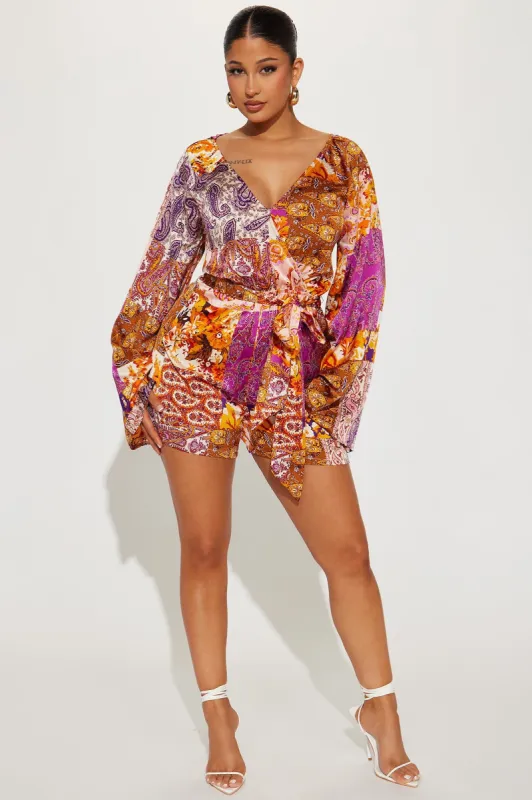 Always On Vacation Romper - Purple/combo sold by Fashion Nova