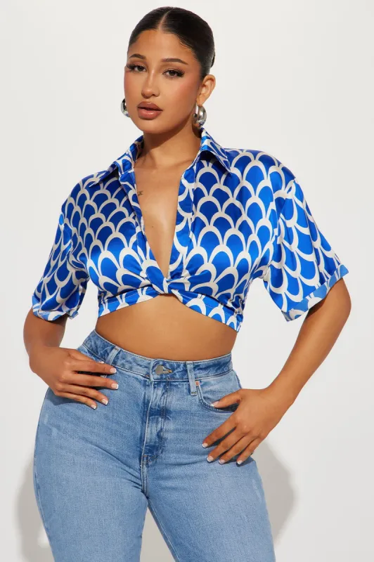 In Motion Satin Blouse Top - Blue/combo sold by Fashion Nova