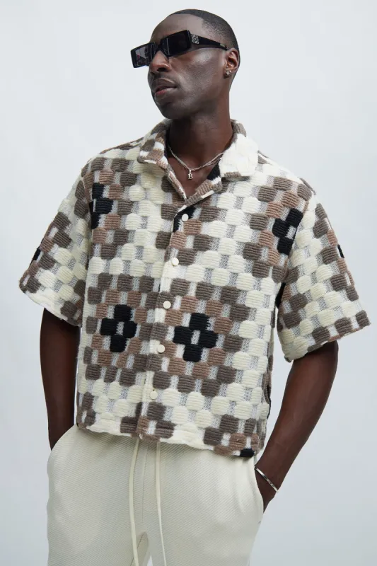 Gaston Jacquard Cropped Shirt - Brown/combo sold by Fashion Nova