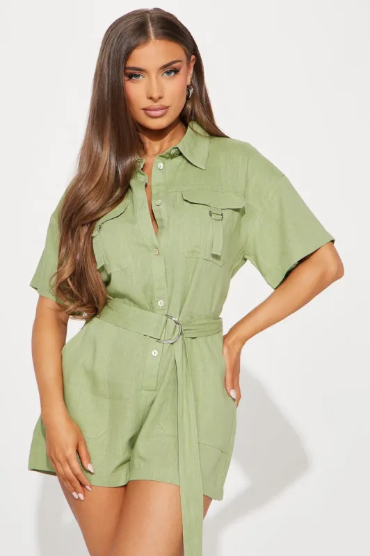 Not Letting Go Linen Romper - Olive sold by Fashion Nova