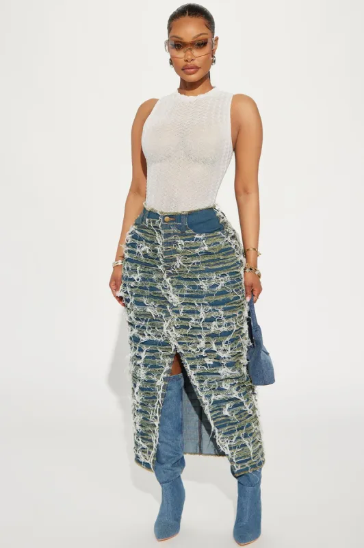 Not Your Girl Distressed Denim Midi Skirt - Dark Wash sold by Fashion Nova