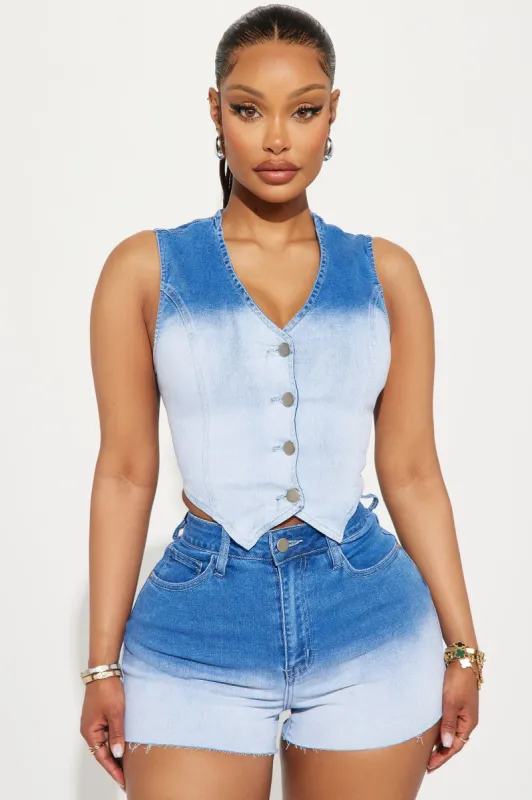 Next Chapter Ombre Denim Vest - Medium Wash sold by Fashion Nova