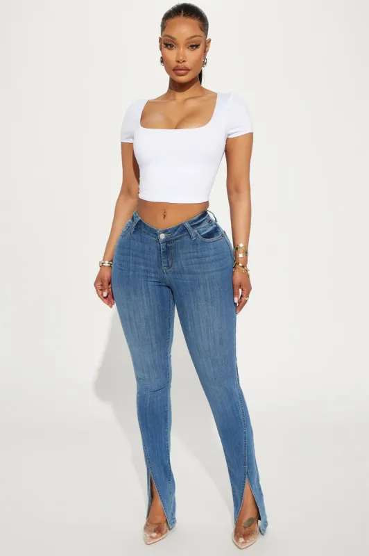 Not So Fast V Waist Stretch Bootcut Jeans - Medium Wash made by Fashion Nova