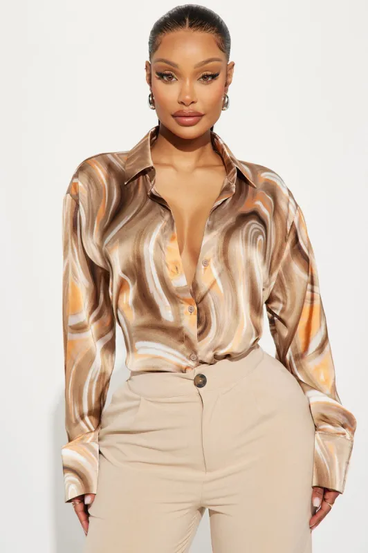 Sycamore Satin Shirt - Brown/combo sold by Fashion Nova