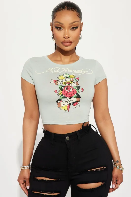 Ed Hardy Rose Rhinestone Tee - Sage sold by Fashion Nova
