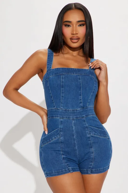 Chasing Vibes Denim Romper - Medium Wash sold by Fashion Nova