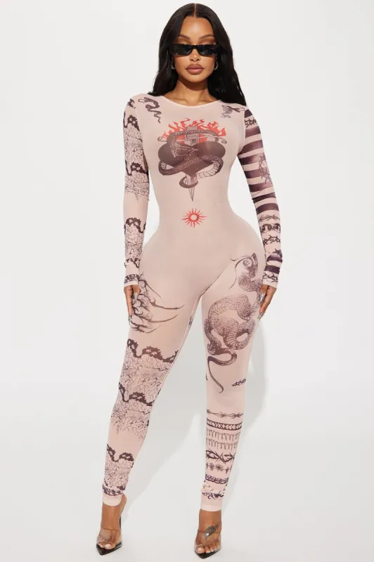 Chains & Roses Mesh Jumpsuit - Nude/combo sold by Fashion Nova
