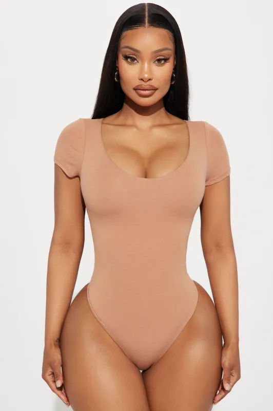 Vanessa V-Neck Double Layered Bodysuit - Tan sold by Fashion Nova