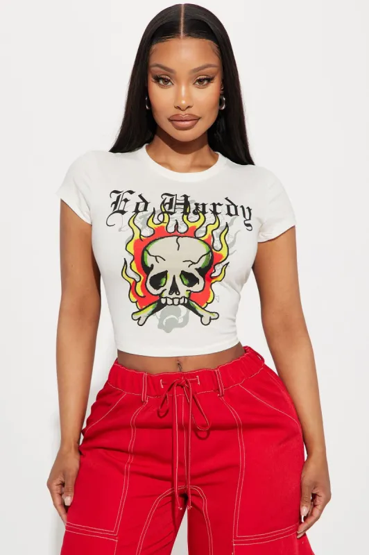 Skull In Flames Ed Hardy Tee - Ivory sold by Fashion Nova