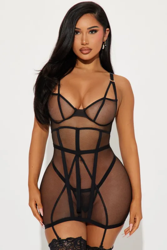 Classy In The Streets Mesh Garter Chemise - Black sold by Fashion Nova
