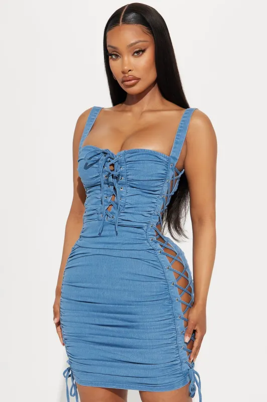 Cassie Denim Ruched Mini Dress - Medium Blue Wash sold by Fashion Nova