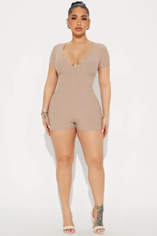 Up Til Dawn Short Sleeve Romper - Mocha sold by Fashion Nova